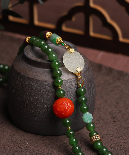 Green Sterling Silver Overgild Agate Jade Ping Buckle Pendant Necklace