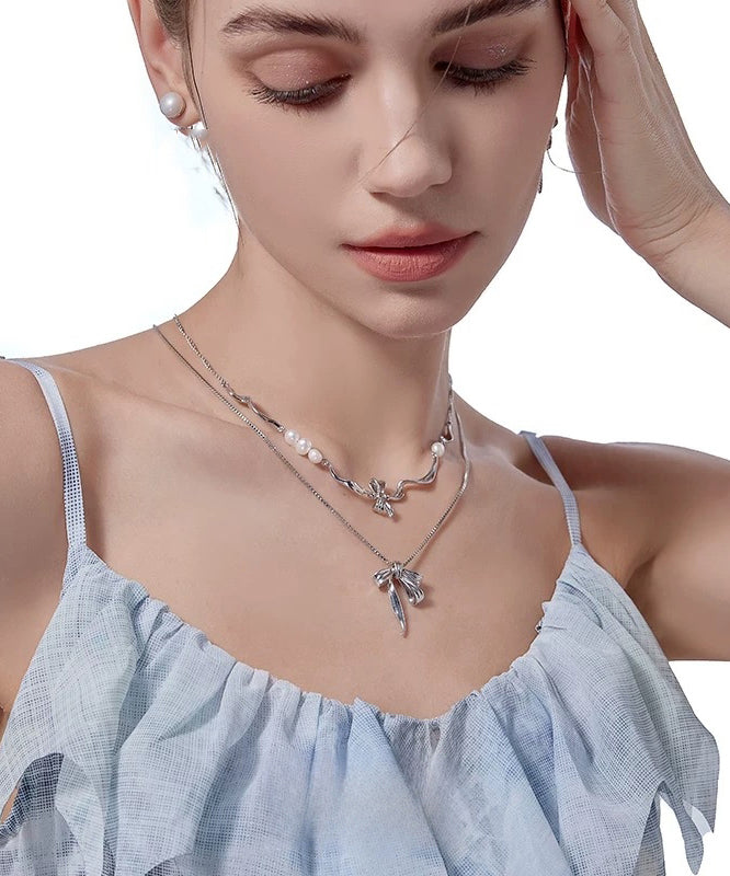 Silk Alloy Pearl Bow Pendant Necklace Two-piece Set
