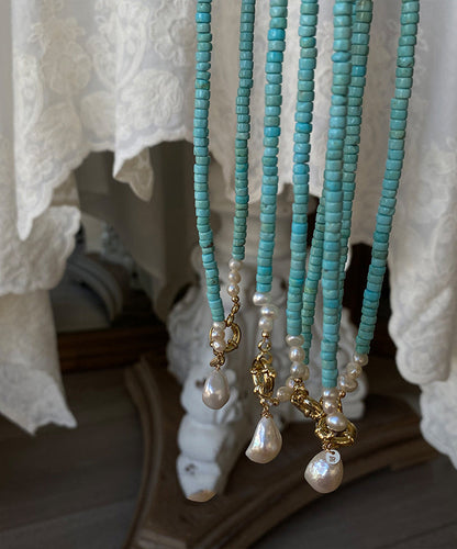 Green Copper Turquoise Pearl Pendant Necklace