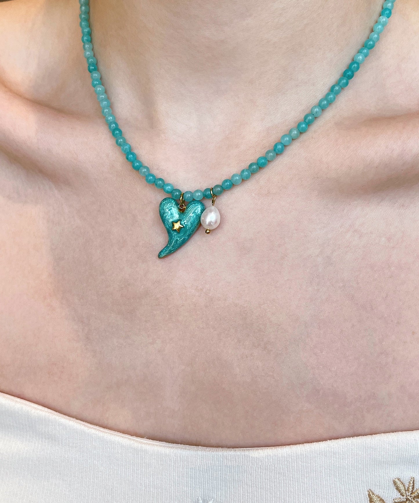 Blue Alloy Love Pearl Cat's Eye Stone Beading Pendant Necklace Two-piece Set