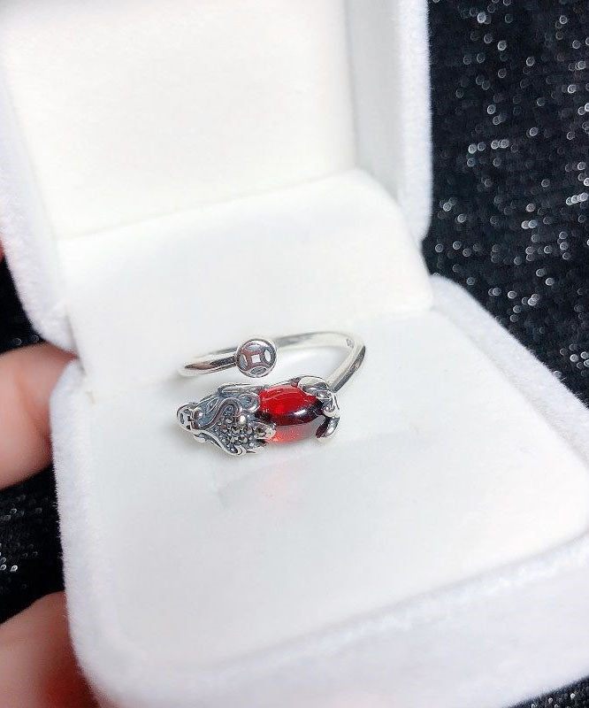 Stylish Red Steling Silver Inlaid a Mythical Wild Animal Rings