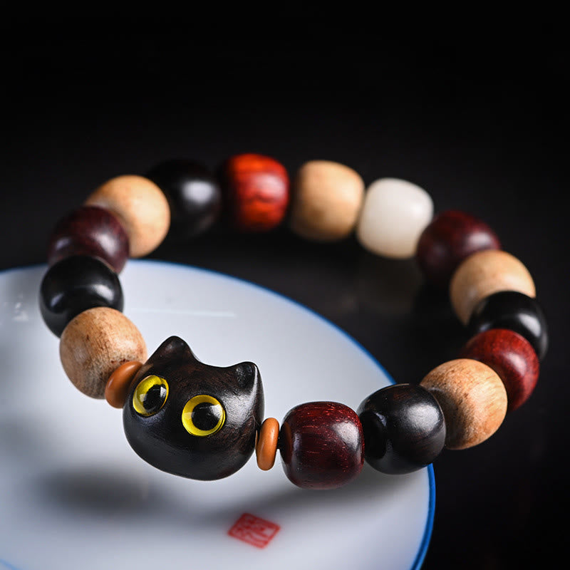 Buddha Stones Small Leaf Red Sandalwood Ebony Wood Cat Engraved Protection Bracelet