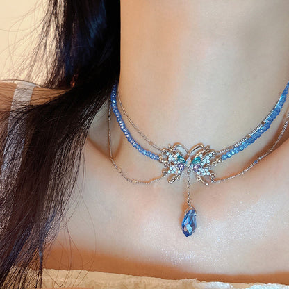 Baby Blue Copper Zircon Crystal Butterfly Water Drop Tassel Pendant Necklace