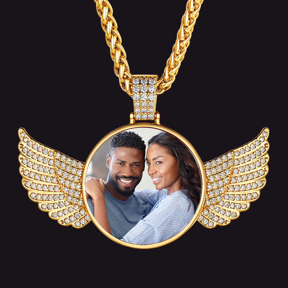 Customized Picture Circle Chain Necklace With Angel Wing Memorial Gift for