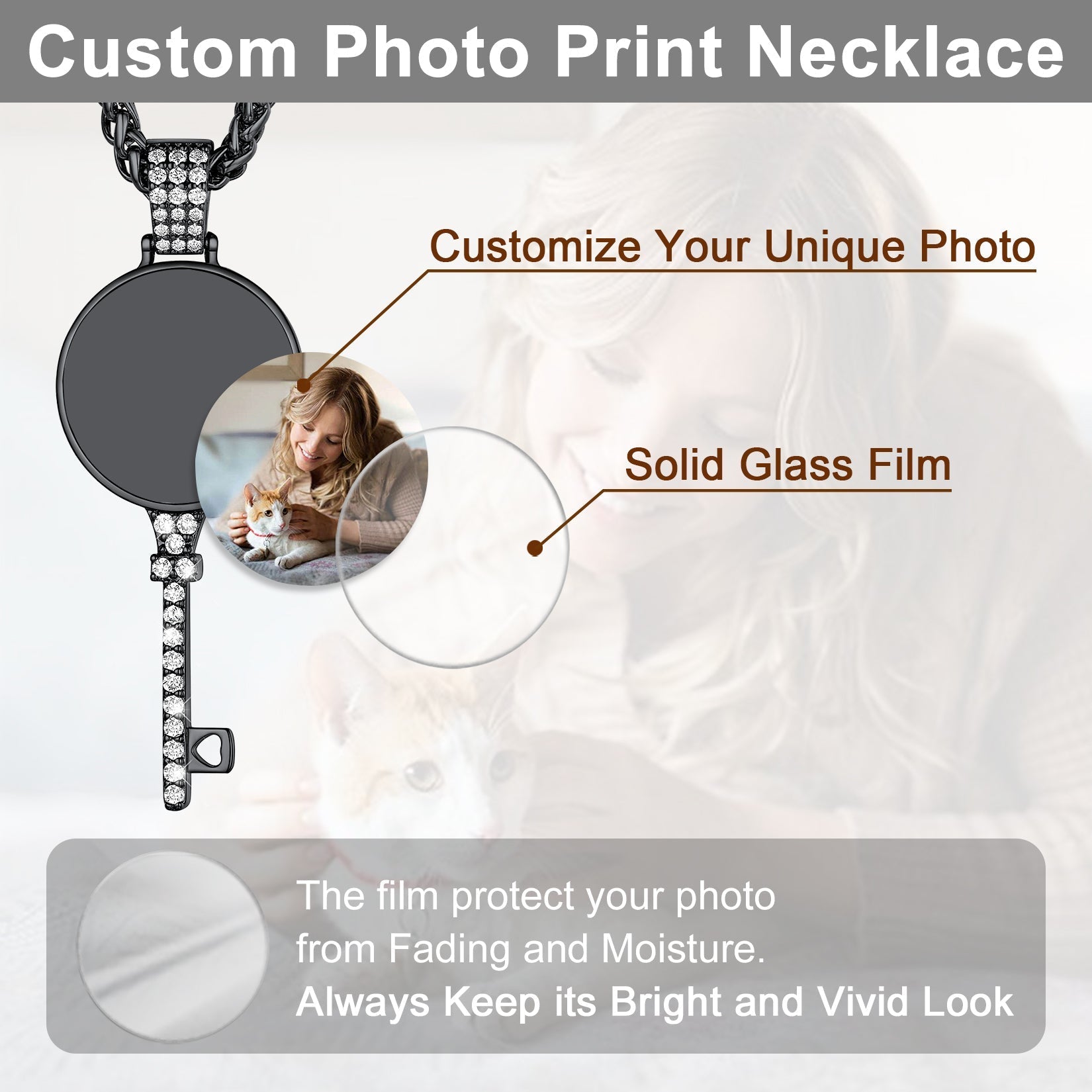 Personalised Photo Key Necklace With Cubic Zirconia for