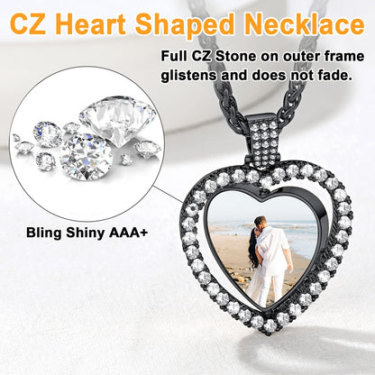 Customized Double-side Heart Picture Photo Necklace With Cubic Zirconia
