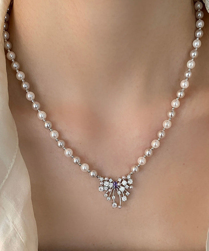 Handmade Light Pink Butterfly Zircon Pearl Adjustable Alloy Pendant Necklace