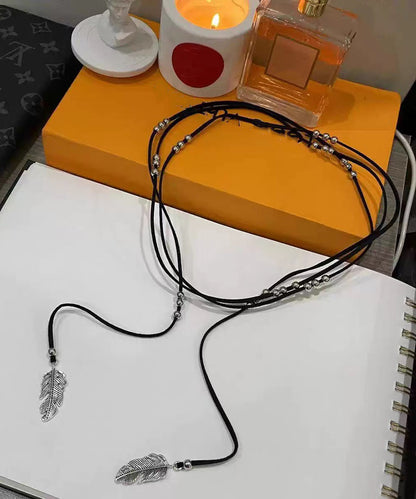 Beach Black Leather Alloy Feather Tassel Necklace