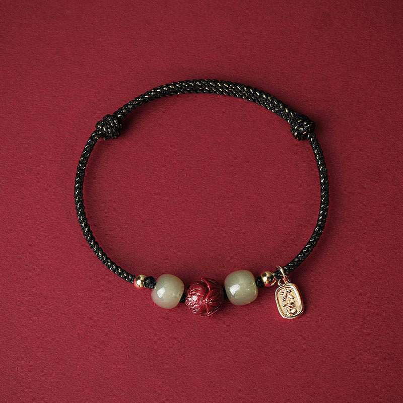 Buddha Stones 14k Gold Plated Hetian Jade Cinnabar Lotus Luck Handcrafted Rope Bracelet