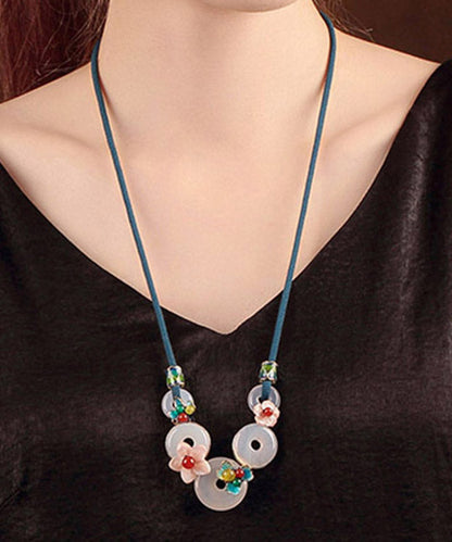White Cloisonne Shell Flower Agate Pendant Necklace
