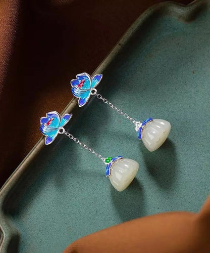 Blue Silver Jade Drop Cloisonne Lotus Earrings