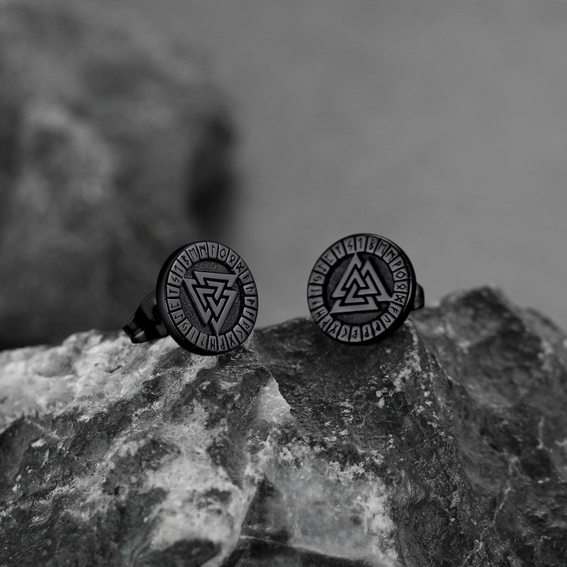 Viking Valknut Black Stud Earrings for With Runes