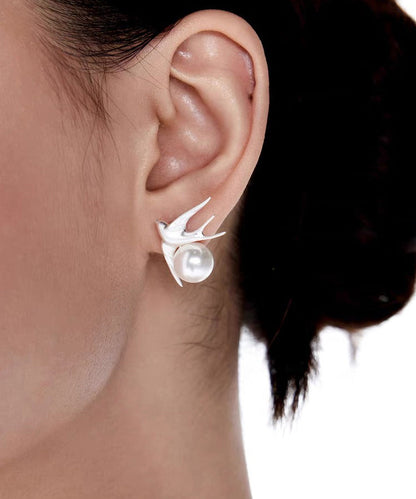 Style White Sanding Little Bird Pearl Stud Earrings