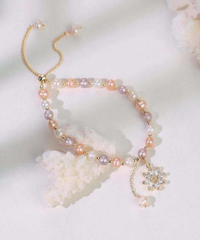 Multicolour Sterling Silver Overgild Zircon Pearl Sunflower Tassel Charm Bracelet