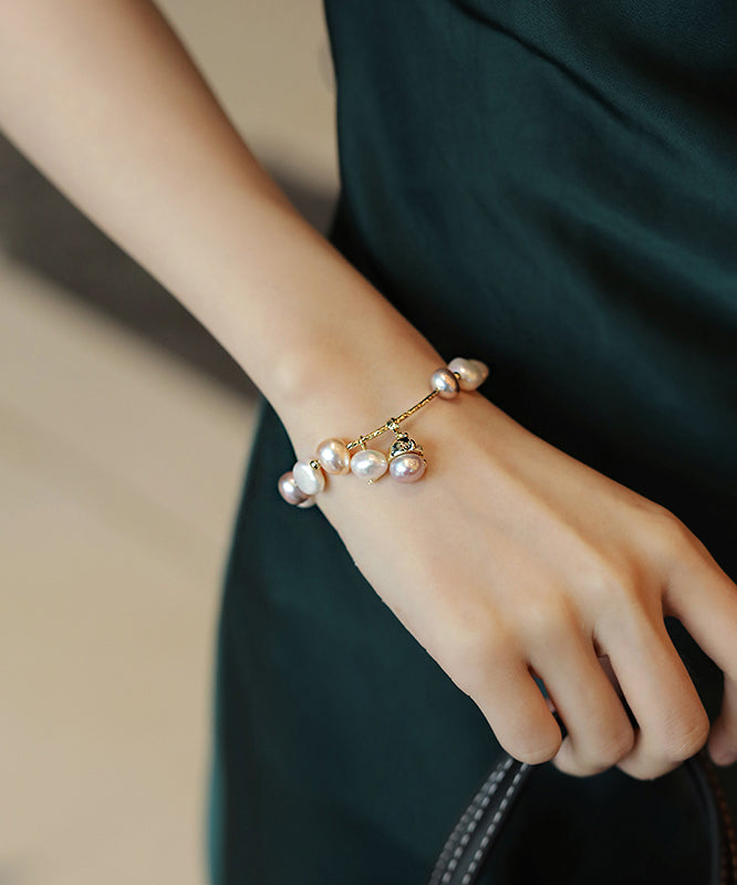 White Sterling Silver Overgild Pearl Lucky Cat Charm Bracelet