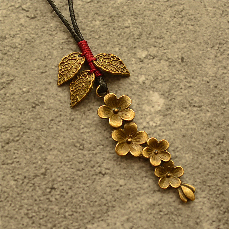 Cotton Linen Bronze Plum Blossom Leaves Literary Long Necklace
