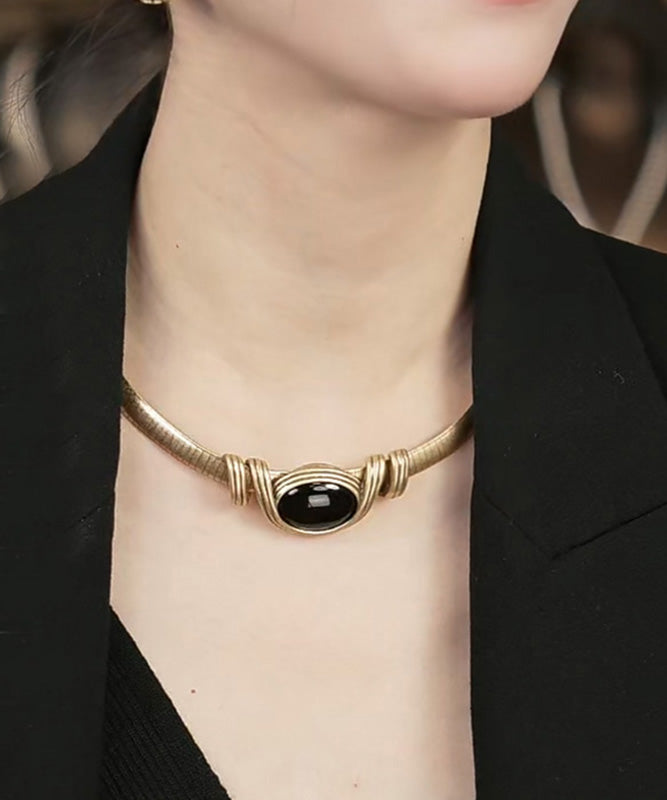 Black Sterling Silver Overgild Agate Choker