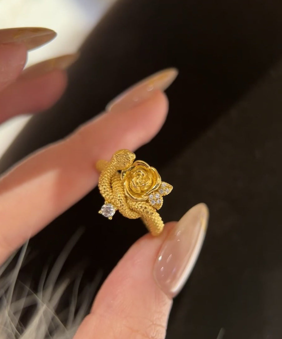 Unique Gold Sterling Silver Overgild Zircon Rose and Snake Rings
