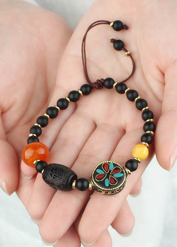 Black Coloured Glaze Pearl Beeswax Clover Charm Bracelet