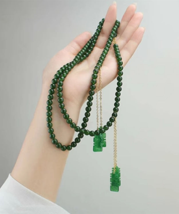 Tea Green Sterling Silver Overgild Jade Beading Double Happiness Tassel Pendant Necklace