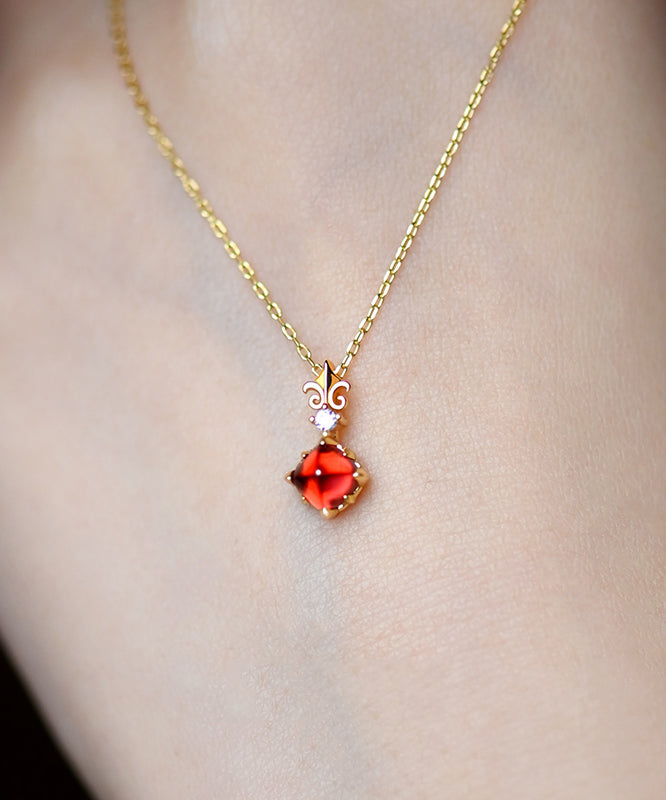 Red Garnet Adjustable 14k Gold Pendant Necklace