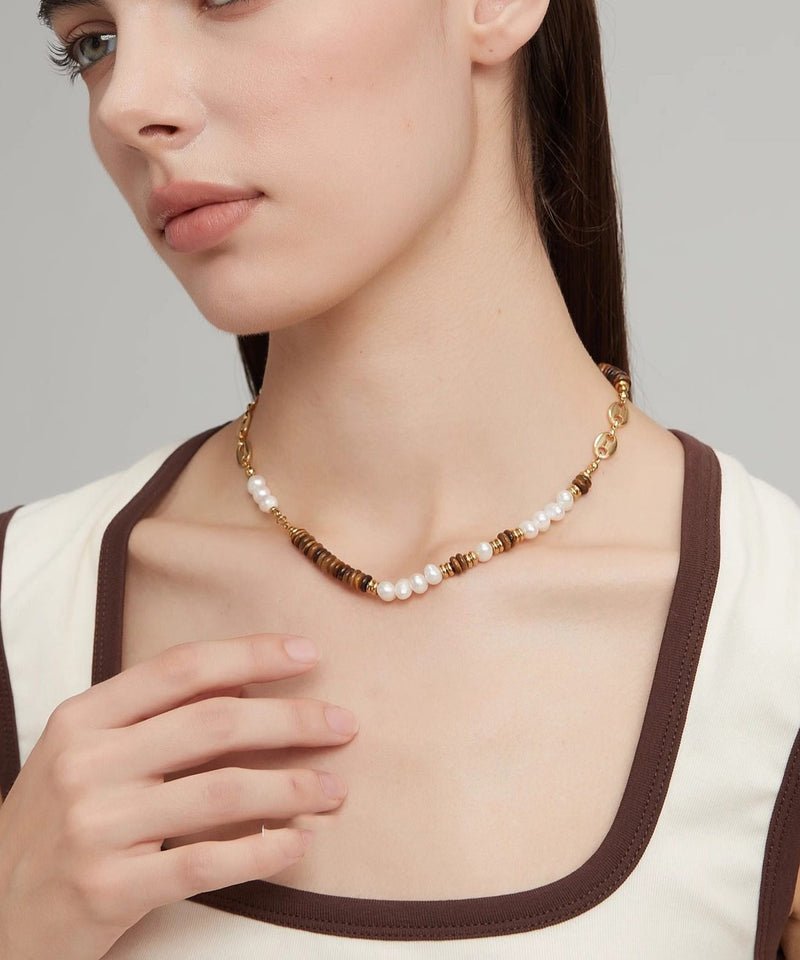 Tiger's Eye With Fine Pearl Gratuated Bead Necklace