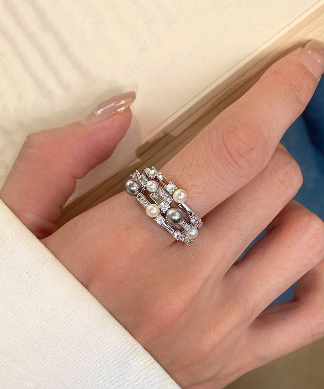 Stylish Pearl Zircon Double Tier Opening Adjustable Copper Rings
