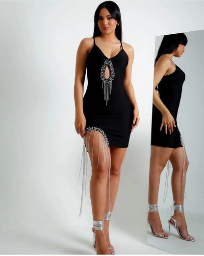 Autumn Cutout Rhinestone Silver Necklace Tassel Suspender Hip Dress