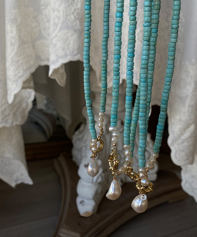 Green Copper Turquoise Pearl Pendant Necklace