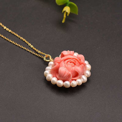 Stylish Red Sterling Silver Overgild Pearl Pendant Necklace