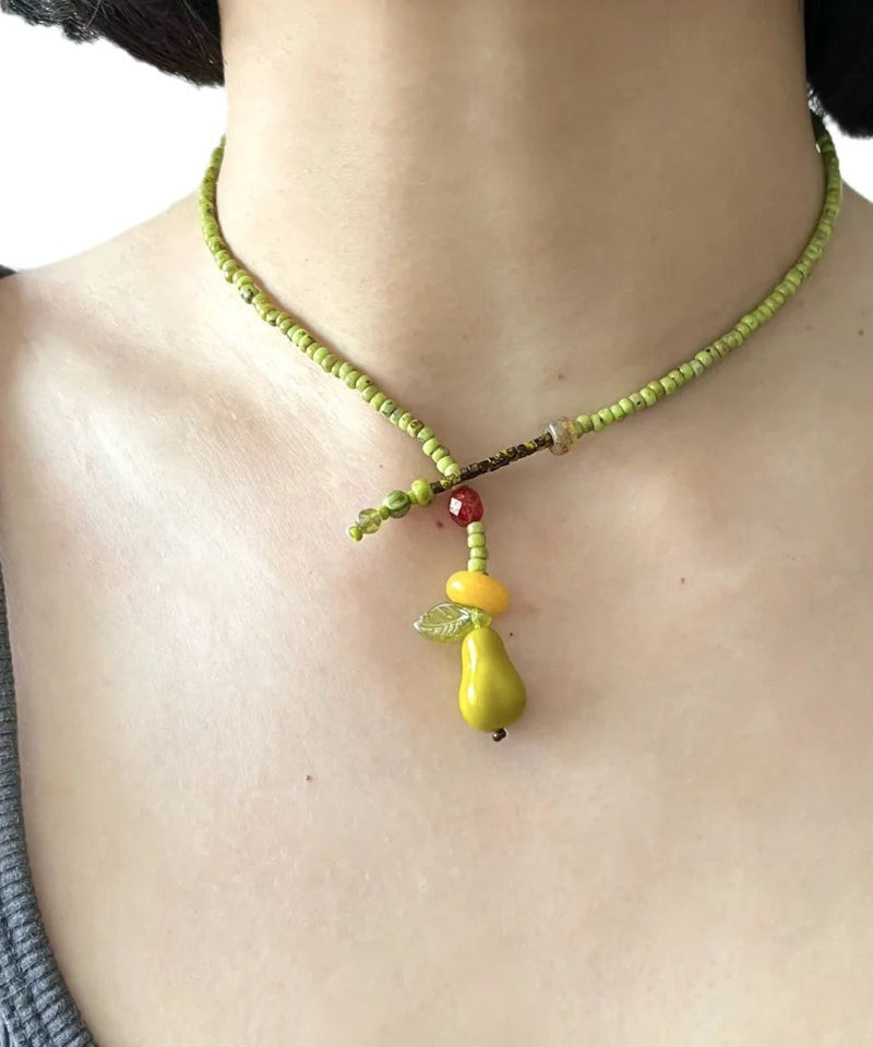 Grass Green Beads Leaf Pear Pendant Necklace