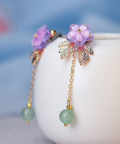 Pink Sun Flower Crystal Fine Jade 14k Gold Tassel Drop Earrings