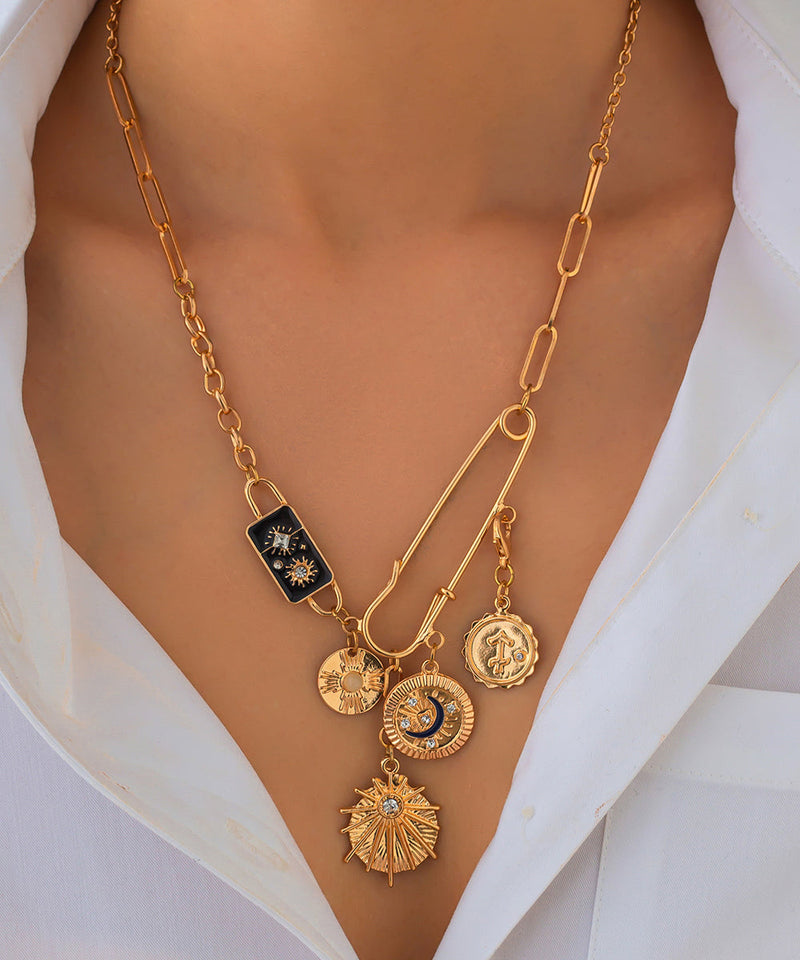 Gold Copper Alloy Zircon Pin Asymmetrical Cross Pendant Necklace