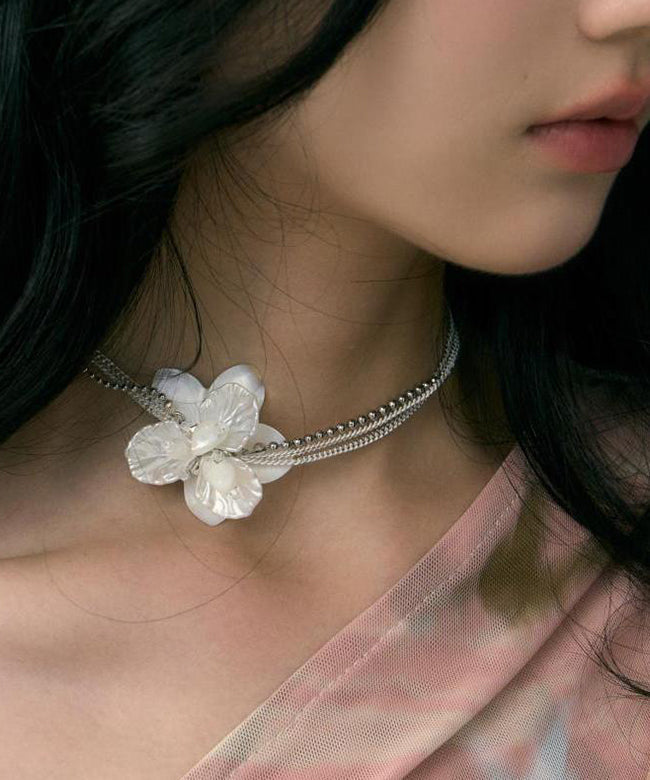 Classy White Stainless Steel Pearl Shell Multi Layer Gratuated Bead Necklace