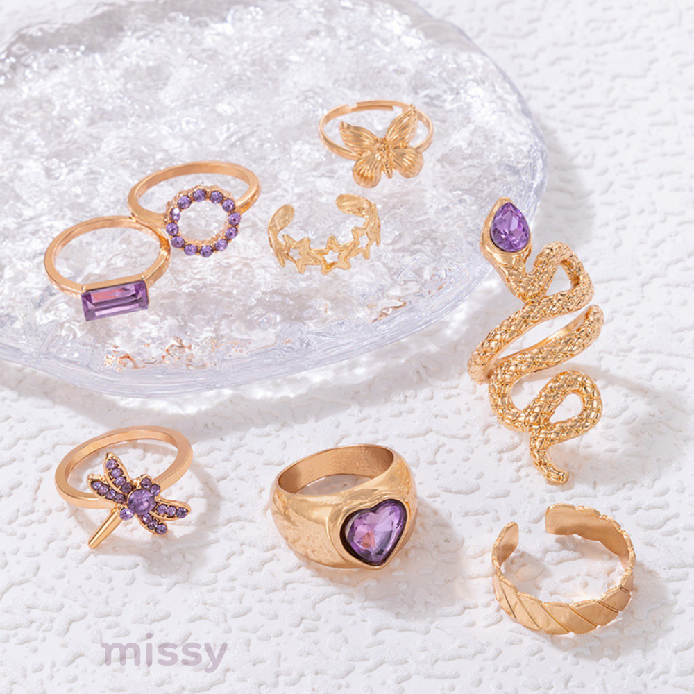 Lilac Crystal 8 Piece Ring Set