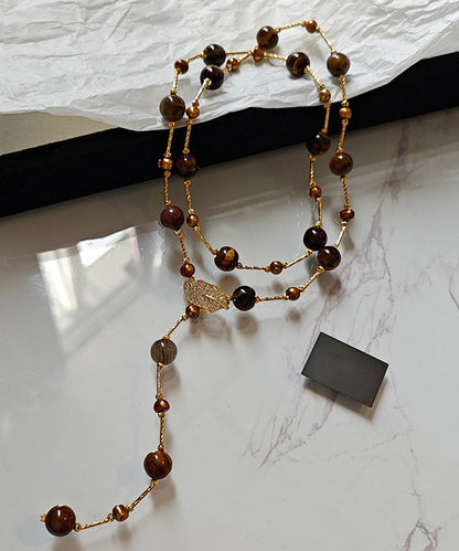 Art Tiger's Eye Stone Leaf Zircon Copper Long Necklace