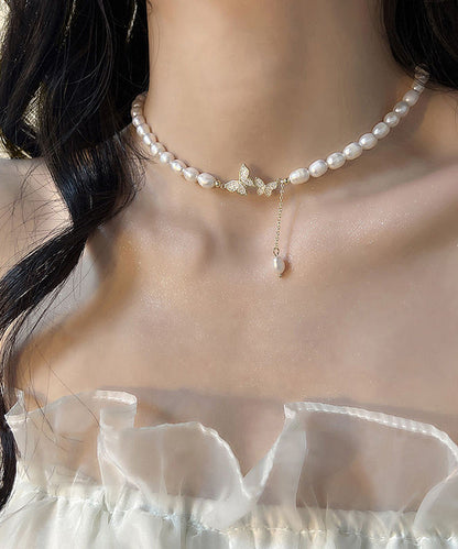 White Sterling Silver Alloy Zircon Butterfly Pearl Lariat Necklace
