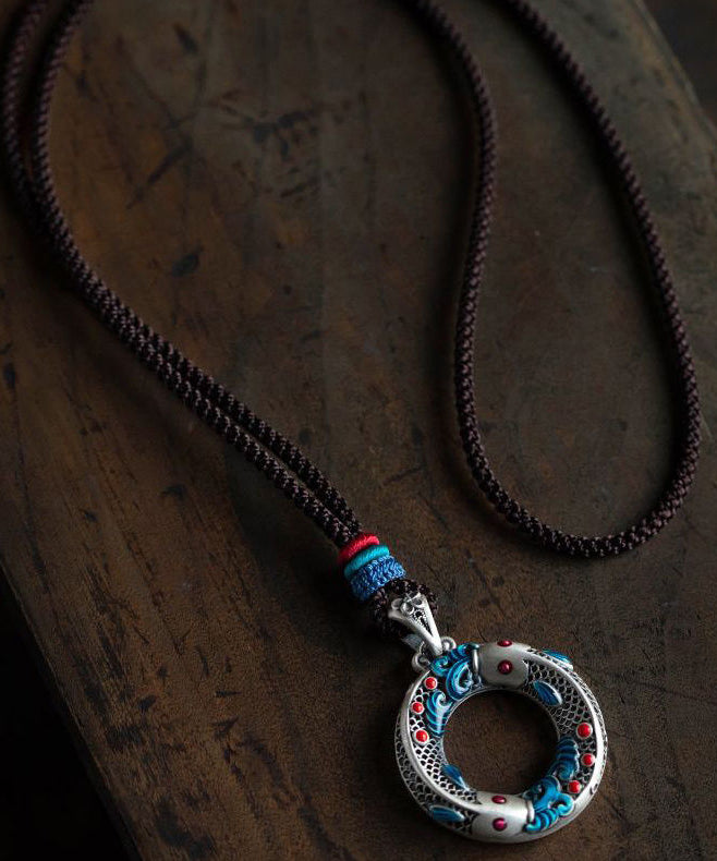 Blue Sterling Silver Cloisonne Lucky Charm Pendant Necklace
