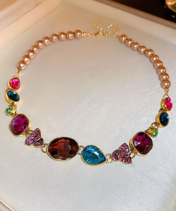 Gold Agate Pearl Zircon Gem Stone Collar Necklace