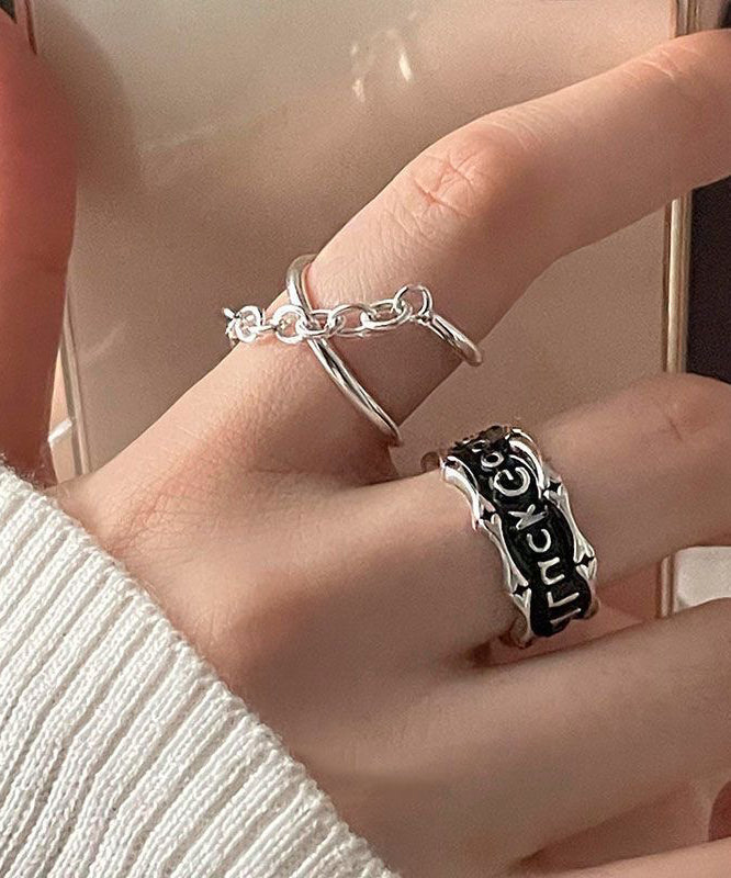 Retro Silk Stainless Steel Patchwork Chain and Graphic Two Piece Set Rings