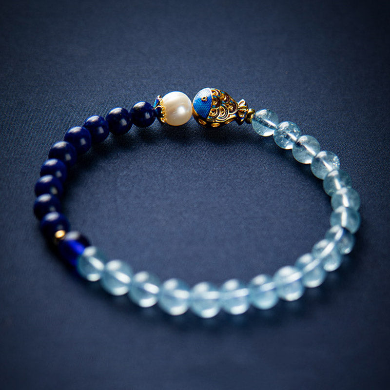 Buddha Stones Natural Aquamarine Lazurite Lapis Lazuli Fish Healing Bracelet