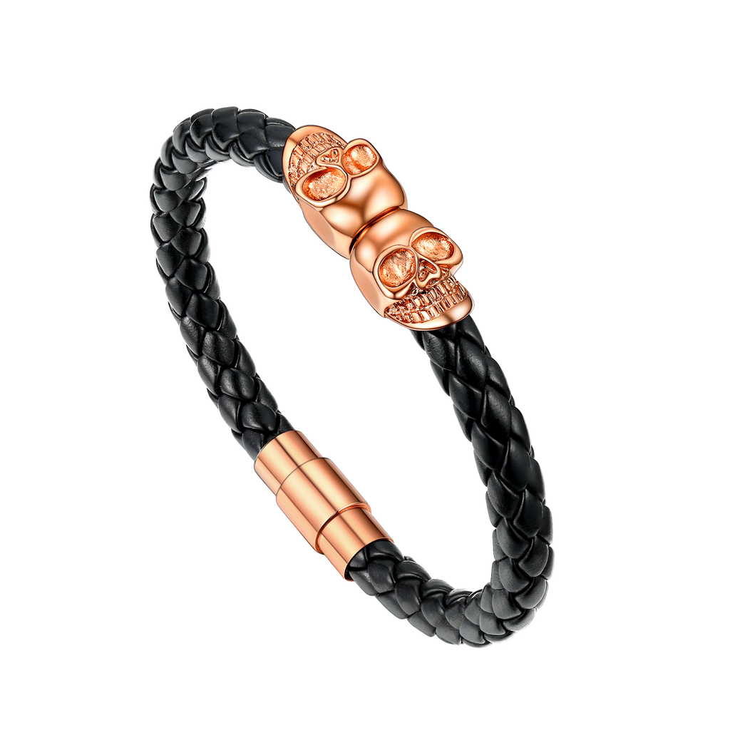 Black Braided Leather Bracelet With Skull for