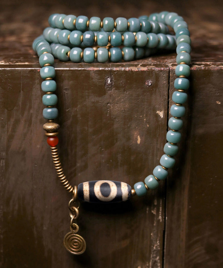 Green Copper Bodhi Beading Tassel Charm Bracelet Necklace