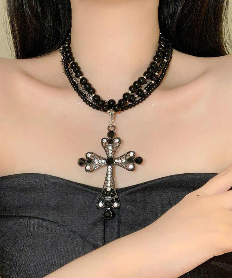 Black Zircon Cross Multilayer Beads Gratuated Bead Necklace