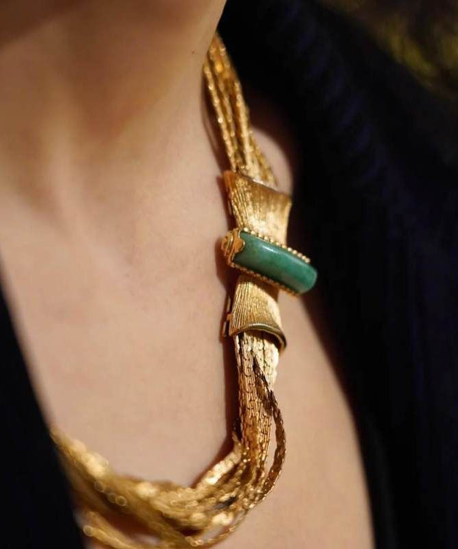 Sterling Silver Overgild Jade Weave Necklace and Chain Bracelet Two-piece Set