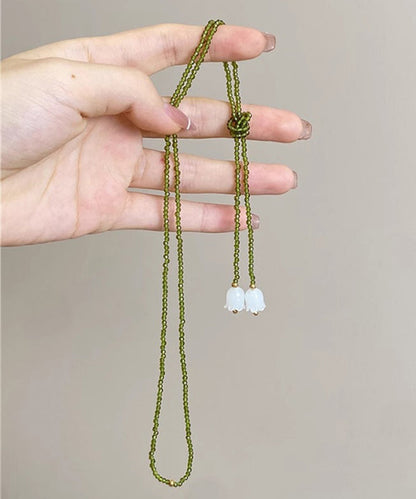 Handmade Green Weave Crystal Lily of the Valley Beading Pendant Necklace