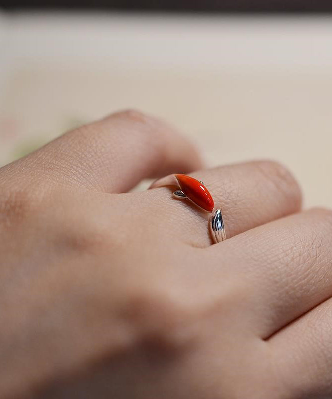 Red Sterling Silver Brocaded Carp Open Rings