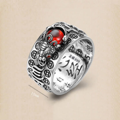 Buddha Stones Fengshui Pixiu Red Garnet Heart Sutra Wealth Ring