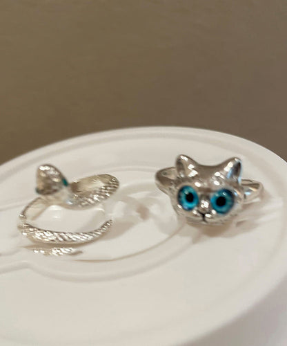 Blue Alloy Glass Little Cats and Snake Rings Two Pieces Set