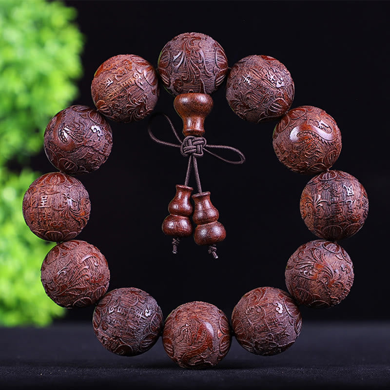 Buddha Stones Chinese Zodiac Rosewood Ebony Copper Coin Pixiu Carved Warmth Bracelet